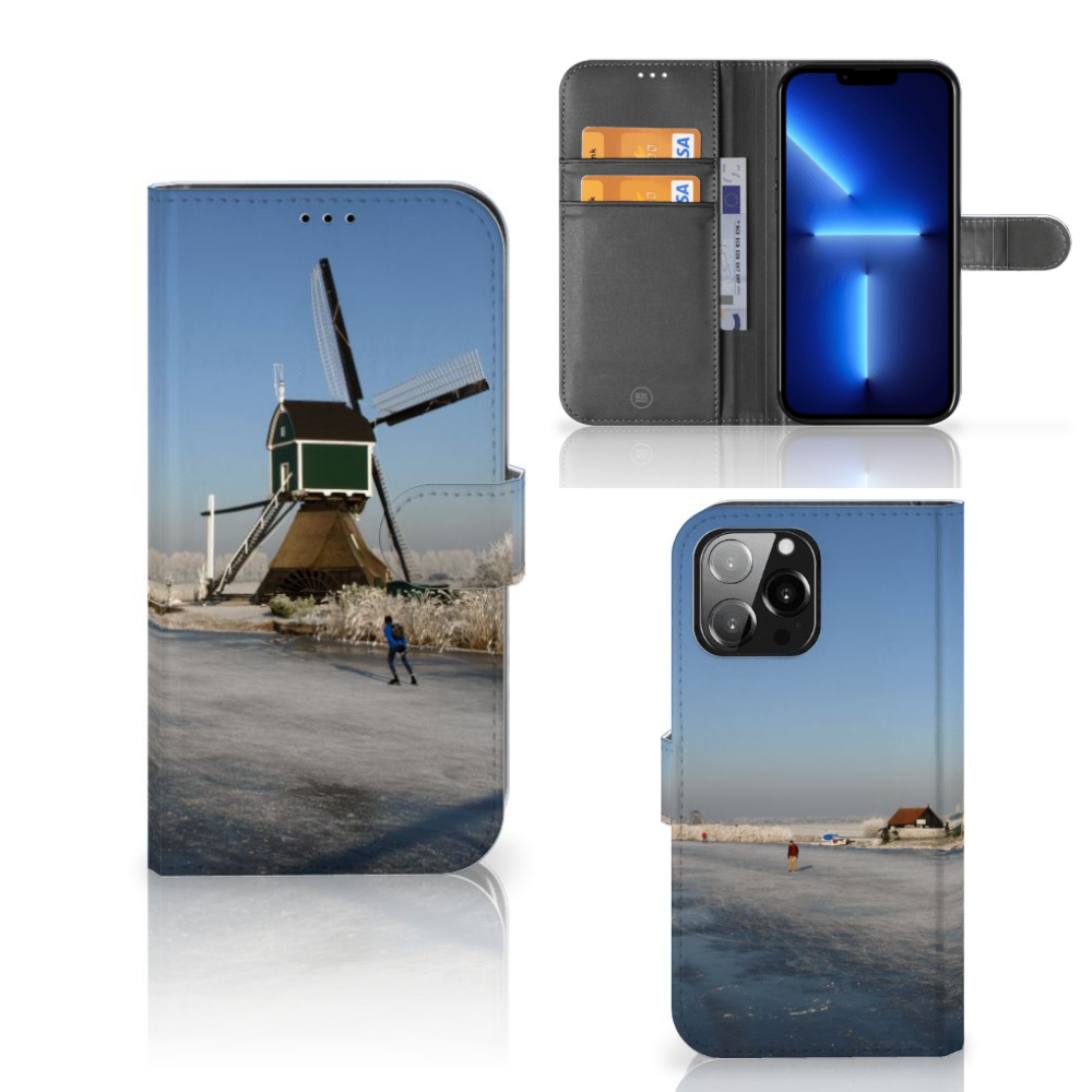 iPhone 13 Pro Max Flip Cover Schaatsers met molen en schaatser op het ijs, typisch Hollands design.