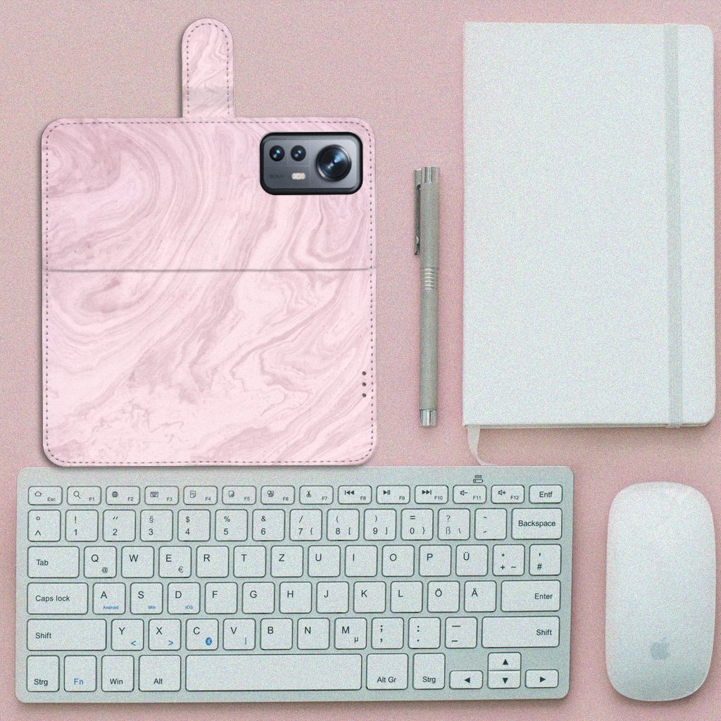 Xiaomi 12 Pro Bookcase Marble Pink - Origineel Cadeau Vriendin