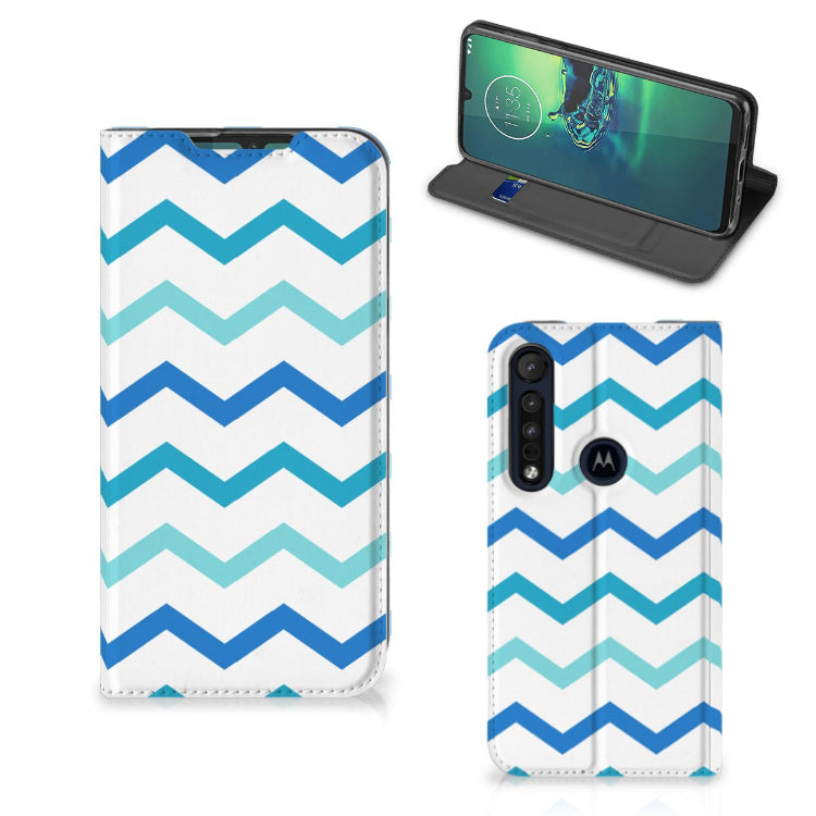 Motorola G8 Plus Hoesje met Magneet Zigzag Blauw