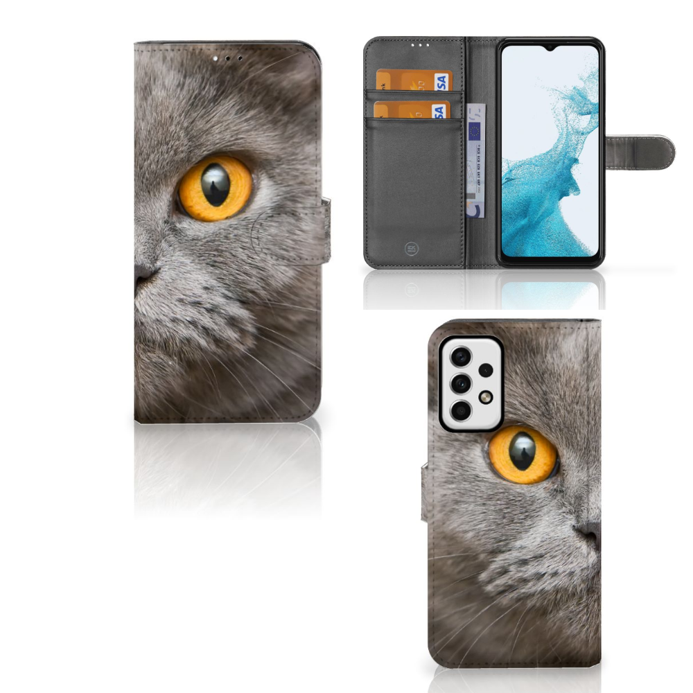Telefoonhoesje met Pasjes Samsung Galaxy A23 Britse Korthaar met prachtige kat zichtbaar op de voorkant.