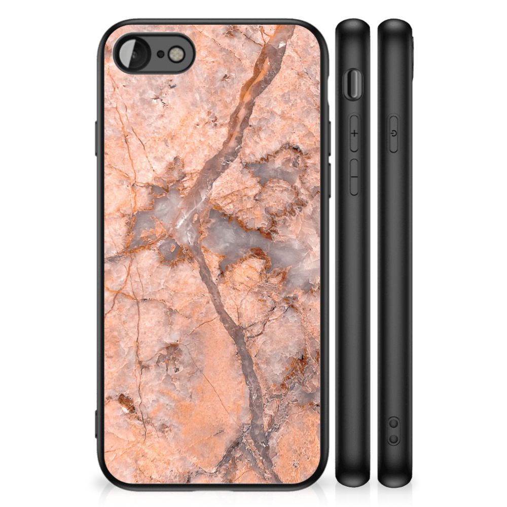 iPhone SE 2022 | SE 2020 | 7/8 Marmeren Print Telefoonhoesje Marmer Oranje, detail van hoesje met marmerdesign.