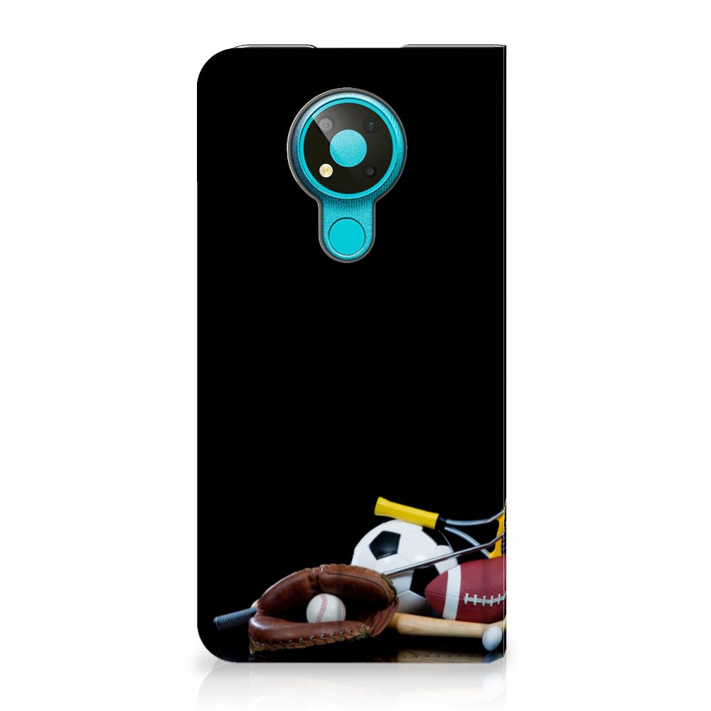 Nokia 3.4 Hippe Standcase Sports with various sports equipment design and card holder feature.