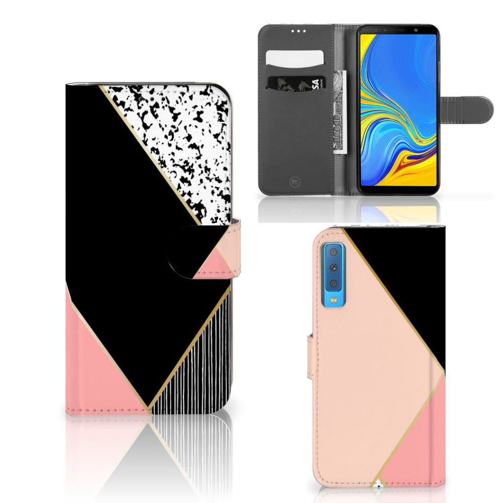 Samsung Galaxy A7 (2018) Book Case Zwart Roze Vormen