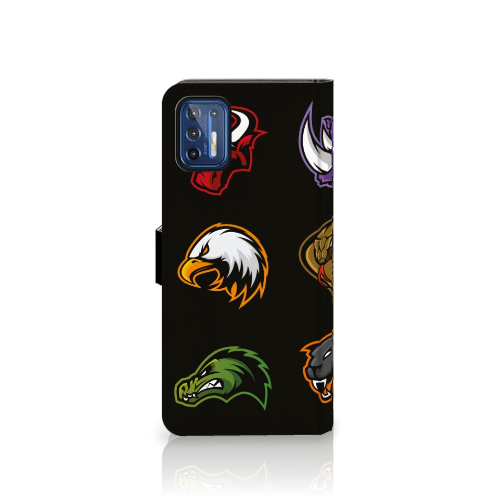 Motorola Moto G9 Plus Leuk Hoesje Cartoon met verschillende kleurrijke cartoon materialen op zwarte achtergrond.