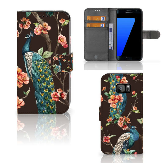 Samsung Galaxy S7 Edge Telefoonhoesje met Pasjes Pauw met Bloemen