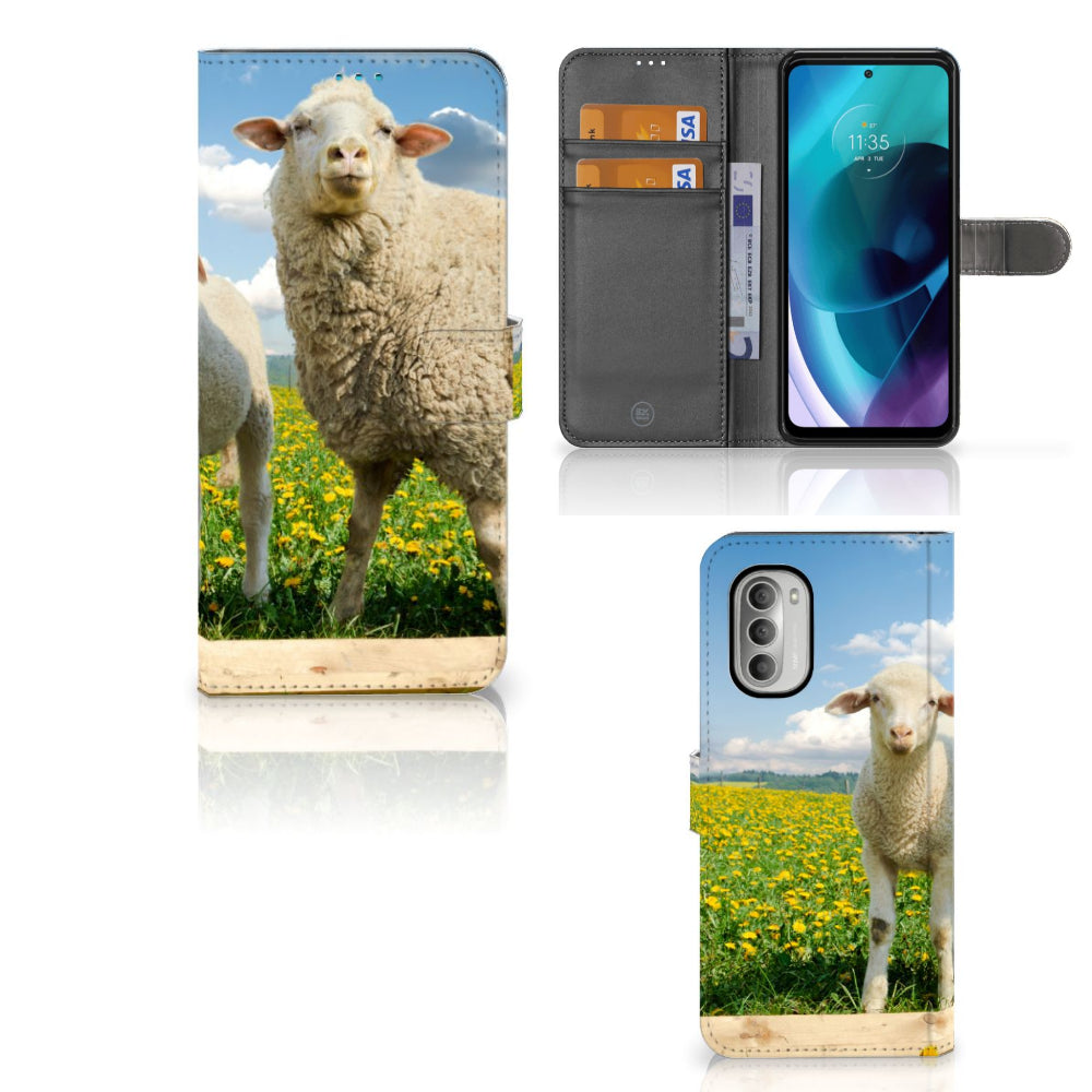Motorola Moto G51 5G Telefoonhoesje met Pasjes Schaap en Lammetje