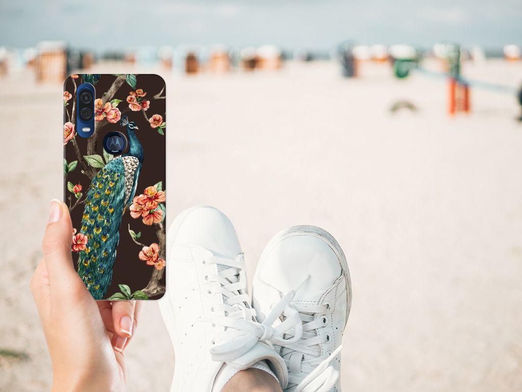 Motorola One Vision TPU Hoesje Pauw met Bloemen