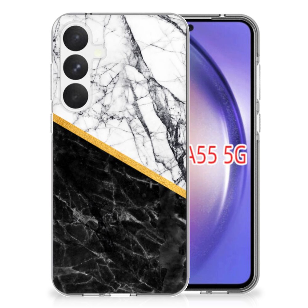 Samsung Galaxy A55 TPU Siliconen Hoesje Marmer Wit Zwart - Origineel Cadeau Man