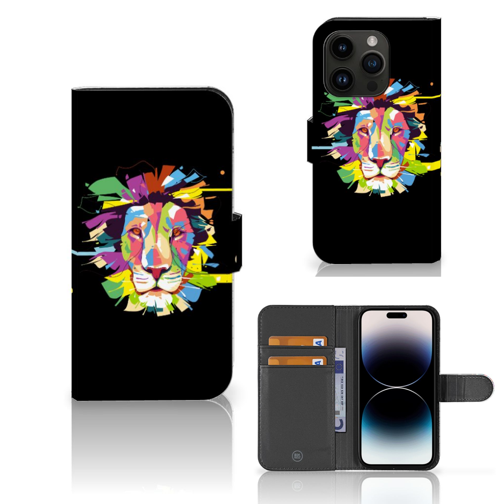 iPhone 15 Pro Leuk Hoesje Lion Color met kleurrijk leeuwendesign en ruimte voor pasjes.