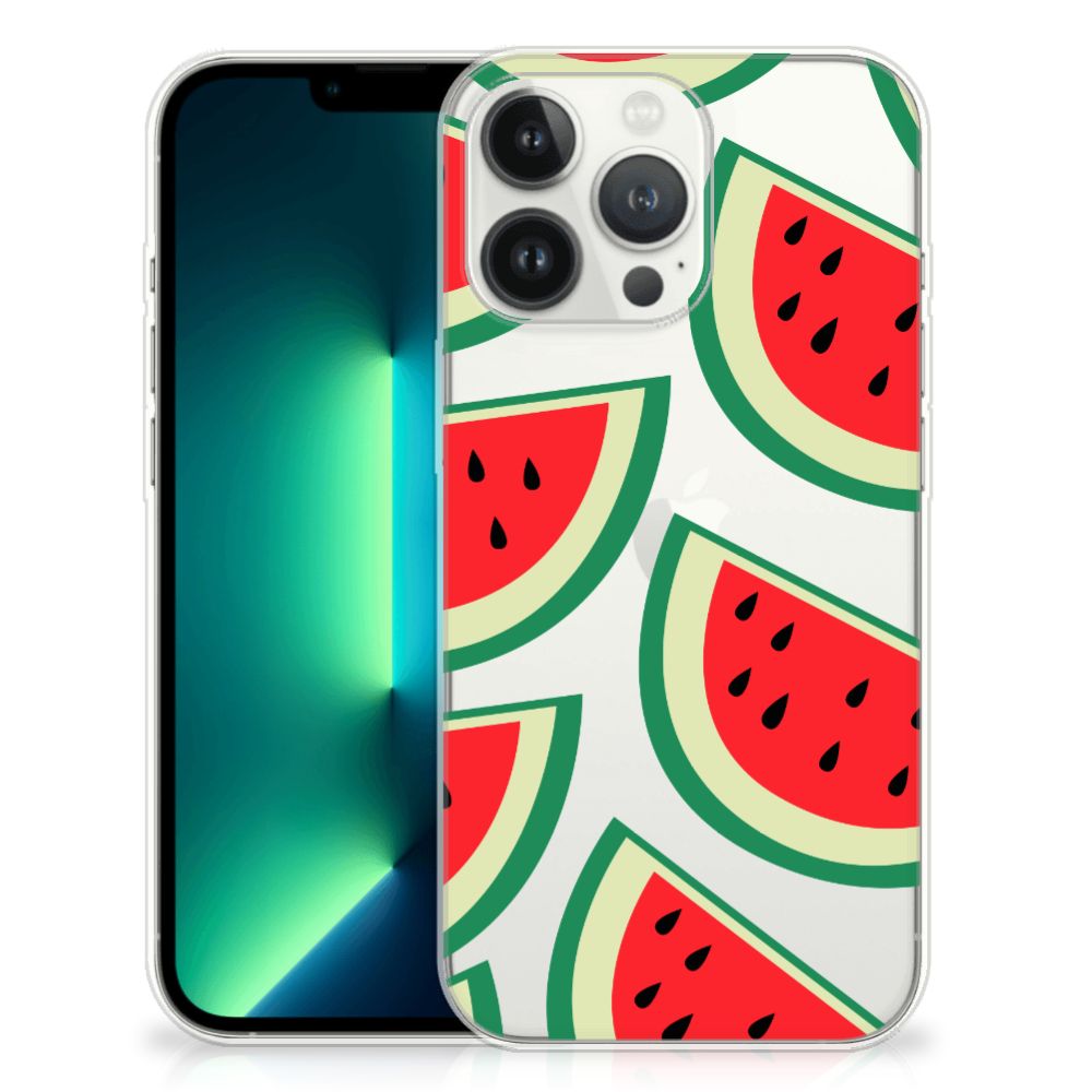 iPhone 13 Pro Max Siliconen Case Watermelons met kleurrijk watermeloen patroon 🍉 op een transparante achtergrond.