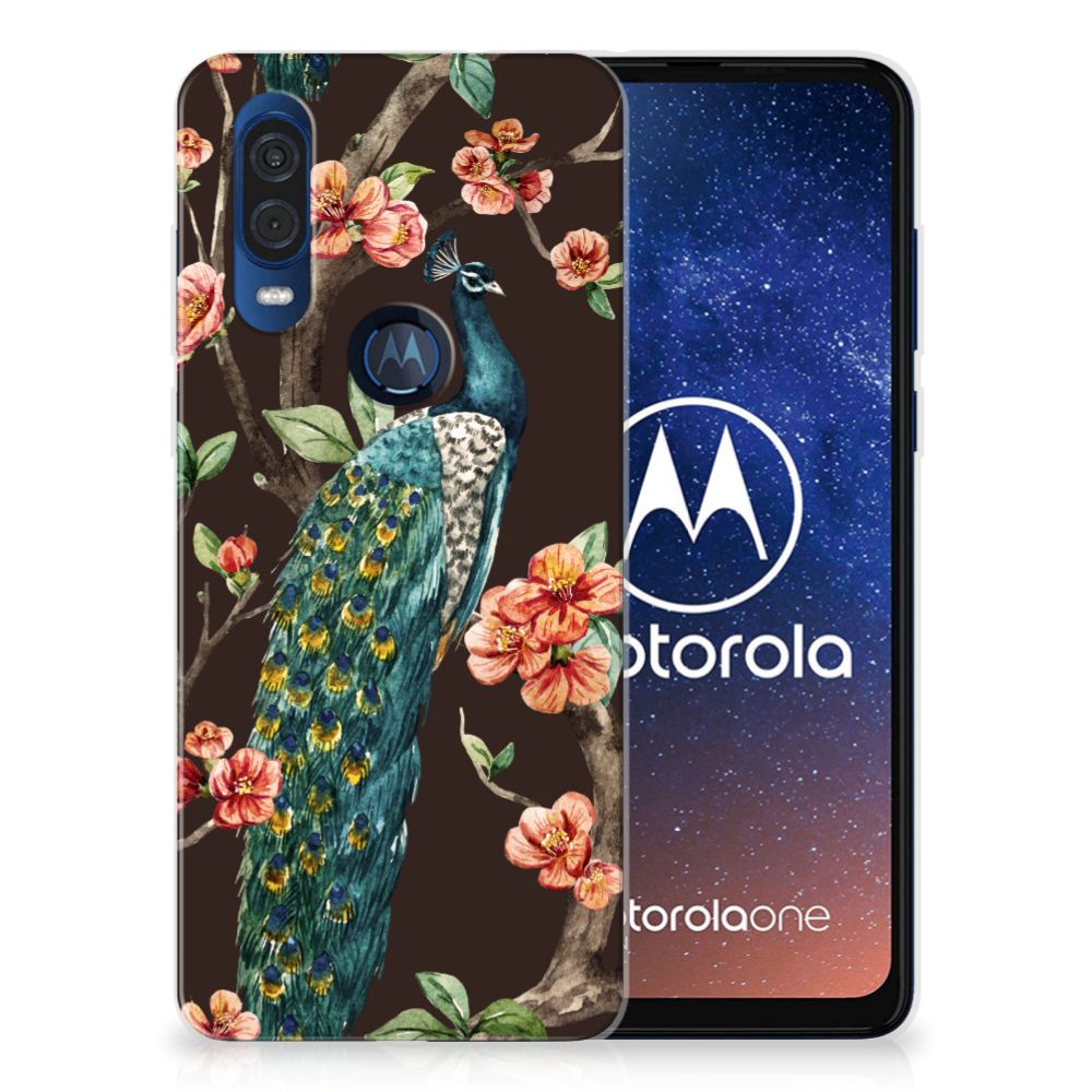 Motorola One Vision TPU Hoesje Pauw met Bloemen