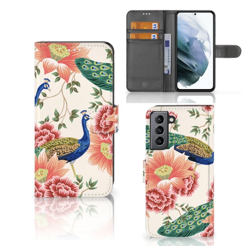 Telefoonhoesje met Pasjes voor Samsung Galaxy S21 FE Pink Peacock