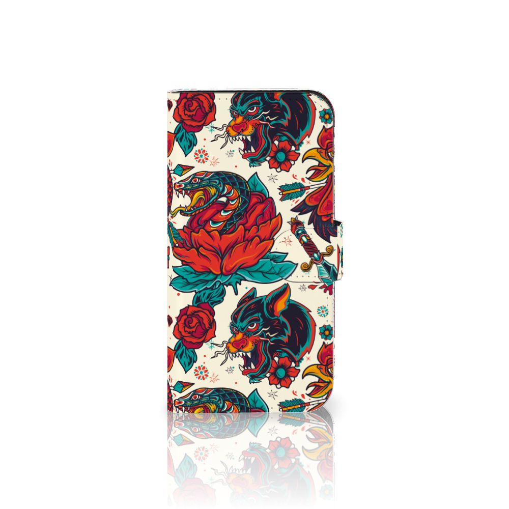 Telefoonhoesje met foto voor iPhone 15 Pro Old Skool met kleurrijk tattoo design van rozen en draken.