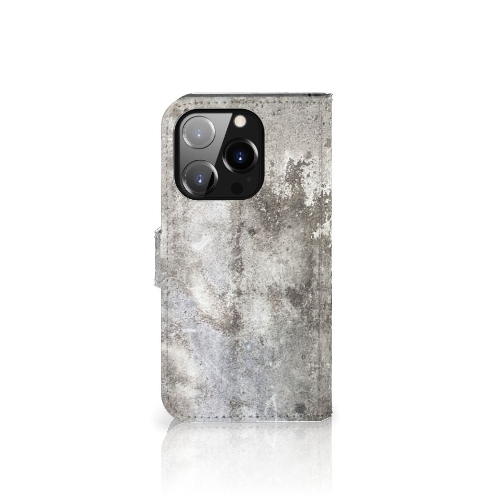 iPhone 14 Pro Bookcase Beton Print met een realistische betonlook, perfect voor industriële interieurs.