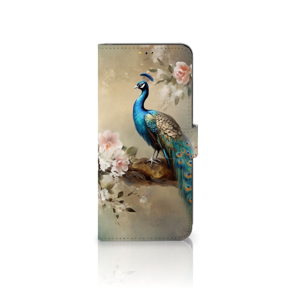 Telefoonhoesje met Pasjes voor Samsung Galaxy A14 5G Vintage Pauwen met kleurrijke pauw en bloemen.
