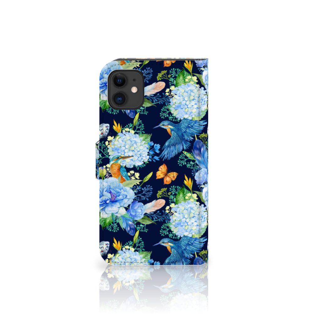 Telefoonhoesje met Pasjes voor Apple iPhone 11 IJsvogel, kleurrijk ontwerp met bloemen en ijsvogels 🌼.