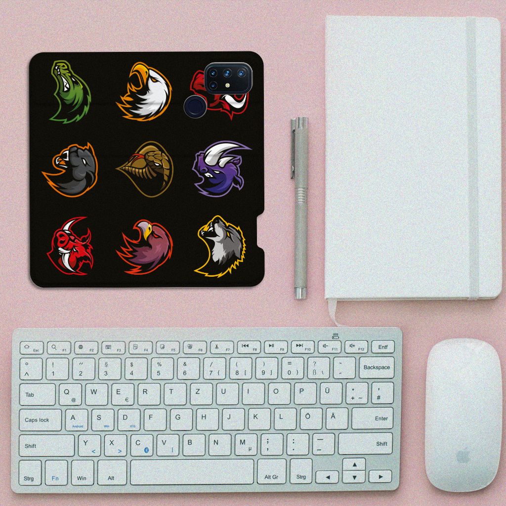 OnePlus Nord N10 5G Magnet Case Cartoon with colorful animal icons on a black background.