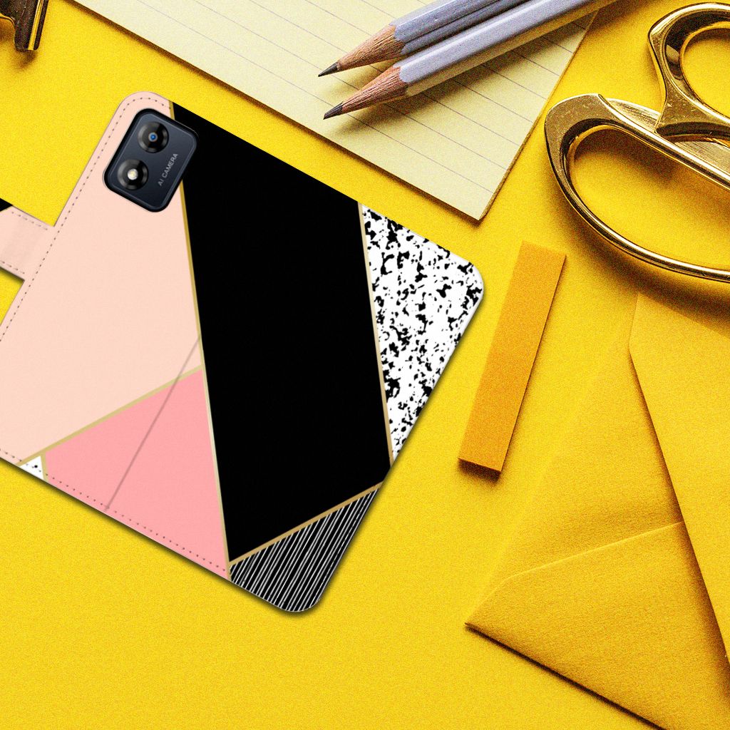 Motorola Moto E13 4G Book Case Zwart Roze Vormen