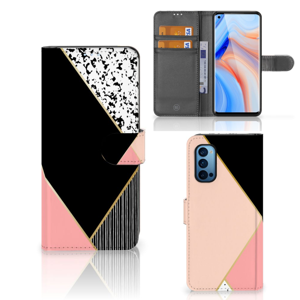 OPPO Reno 4 Pro 5G Book Case Zwart Roze Vormen