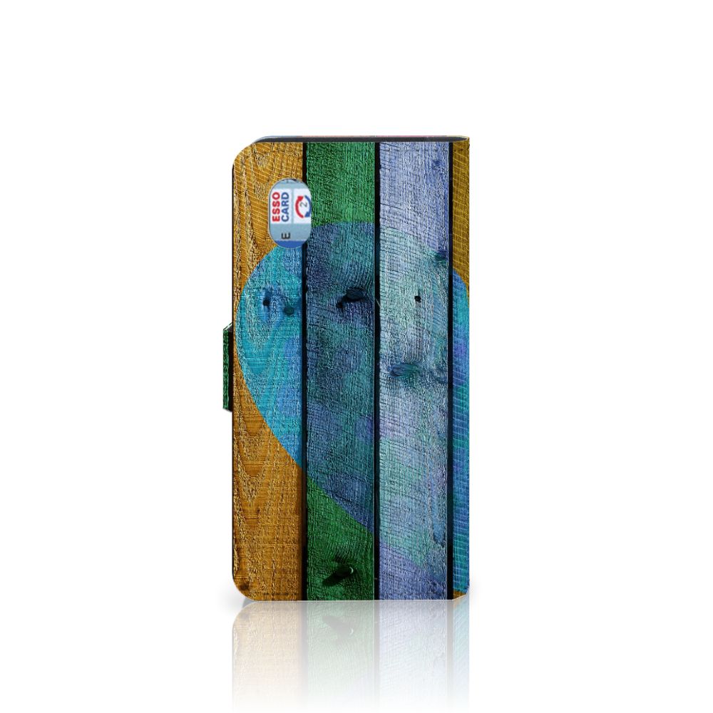 Wood Heart Hoesje Alcatel 1B (2020) Met Hout Hart Design En Kaartvakken Blauw Roze Meerkleurig | Book Case