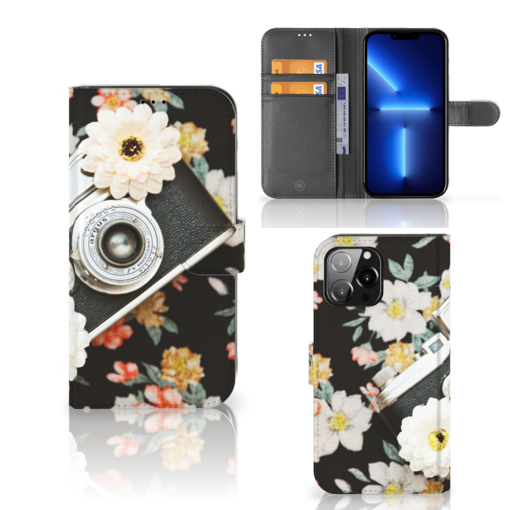 iPhone 13 Pro Max Telefoonhoesje met foto Vintage Camera met bloemenprint en vakjes voor passen.