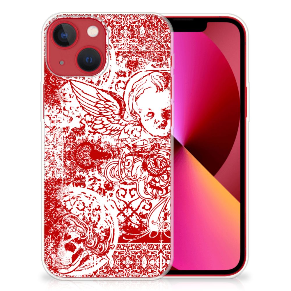 Silicone Back Case Apple iPhone 13 Angel Skull Rood beschermhoes met engel en doodskop design in rood patroon.