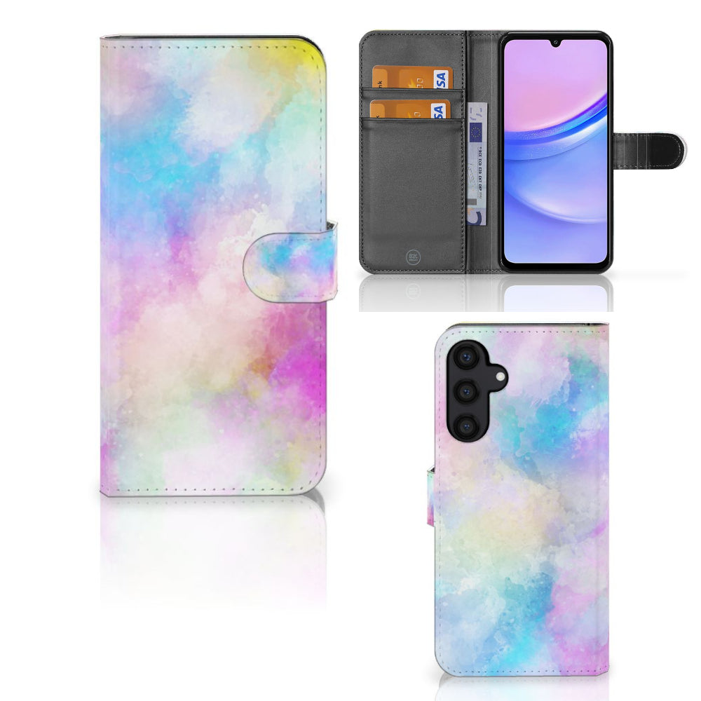 Hoesje Samsung Galaxy A15 Watercolor Light met pastelkleuren en pasjeshouder, unieke en kleurrijke uitstraling.