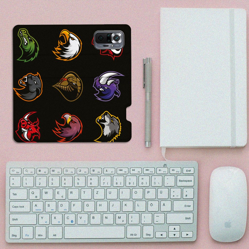 Xiaomi Redmi Note 10 Pro Magnet Case Cartoon featuring various colorful cartoon designs on a black background.