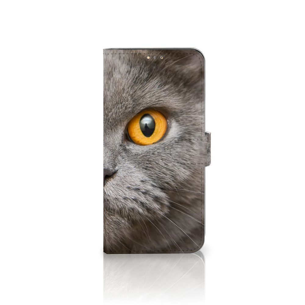 Telefoonhoesje met Pasjes OPPO A15 Britse Korthaar met kattengezicht en gele ogen.