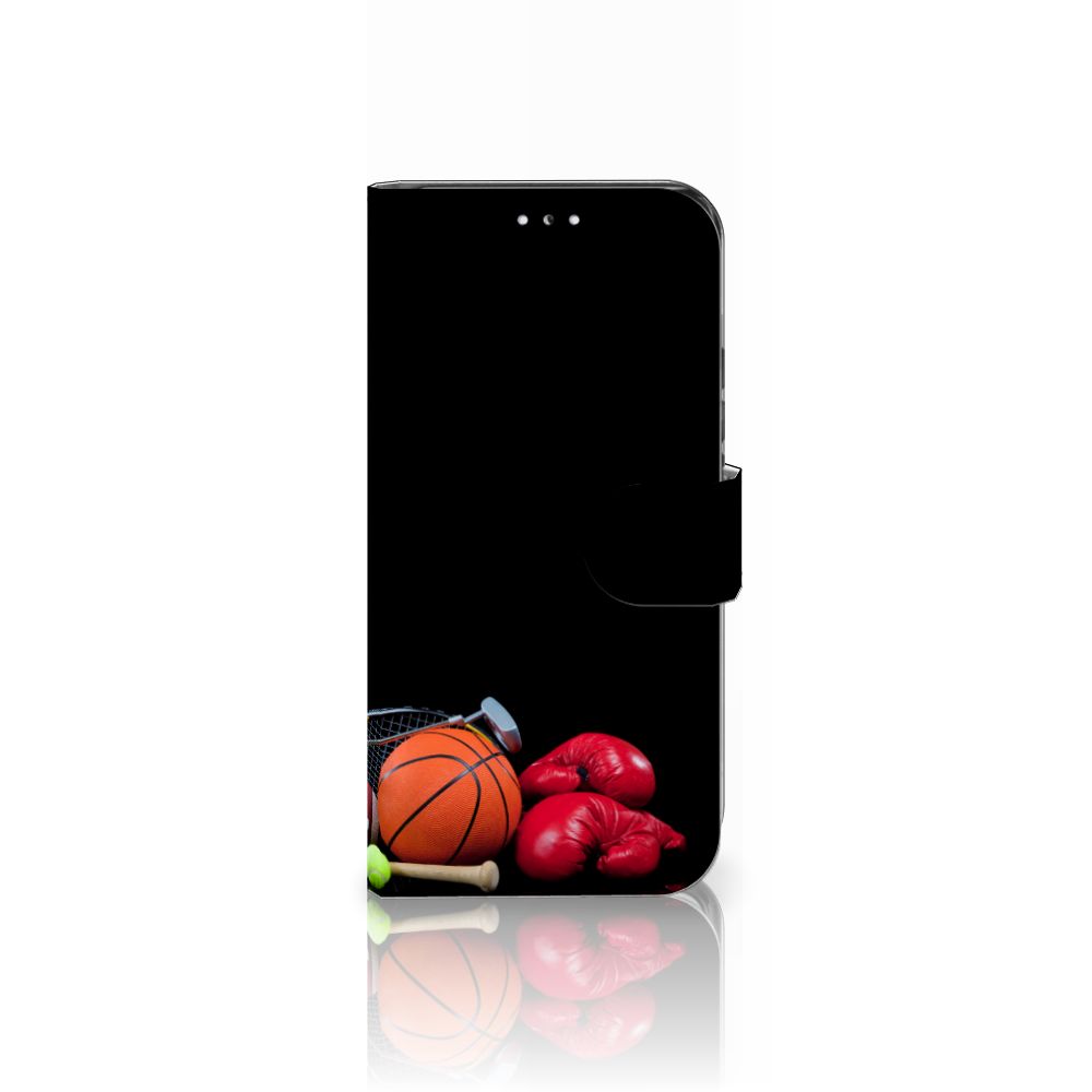 Samsung Galaxy S22 Wallet Case met Pasjes Sports met sportuitrusting zoals basketballen en bokshandschoenen.
