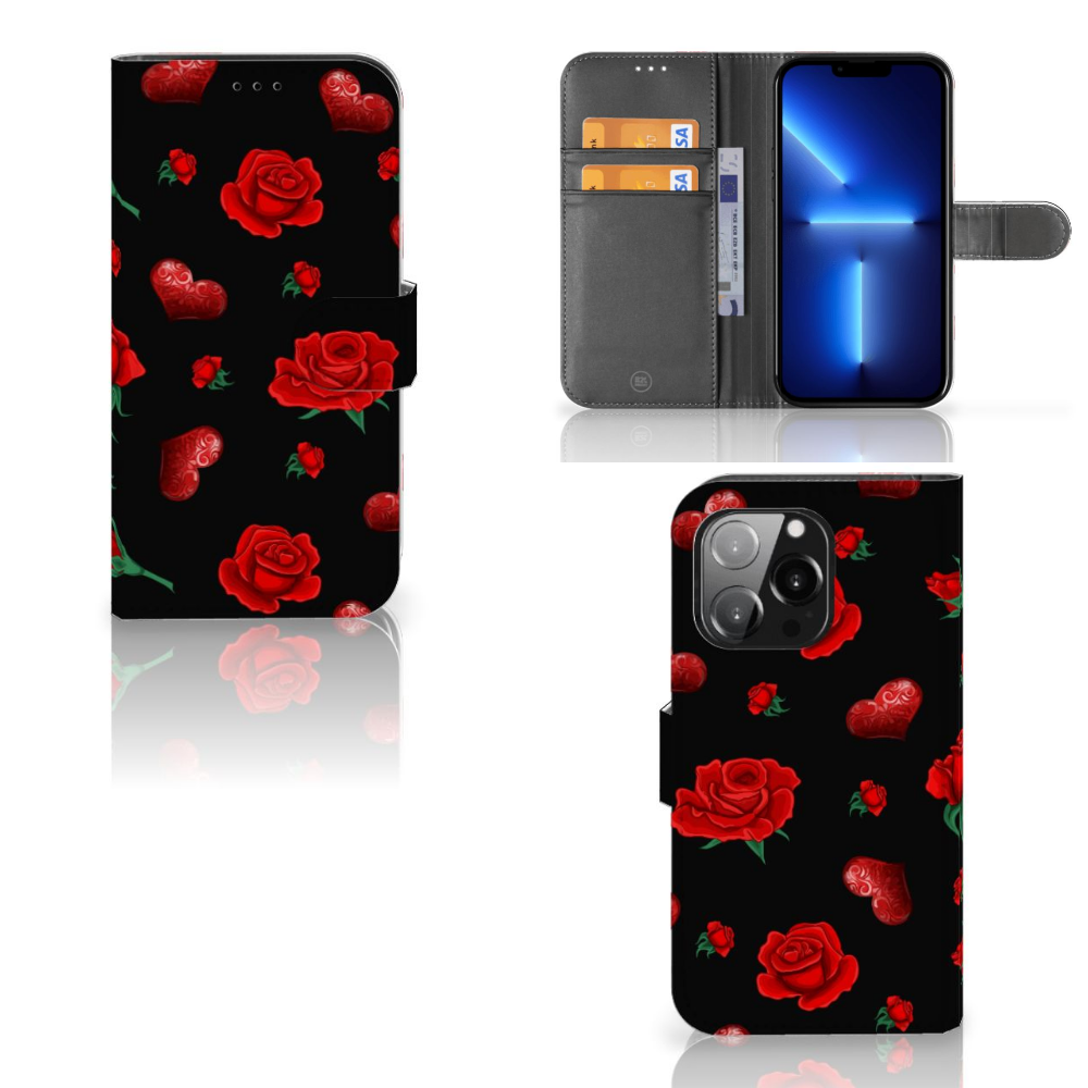 iPhone 13 Pro Leuk Hoesje Valentine met rozen en hartjes design 🌹 in zwart met vakjes voor pasjes.