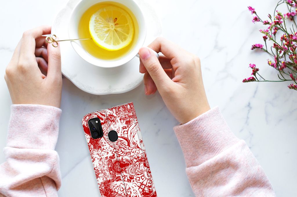 Mobiel BookCase Samsung Galaxy M30s | M21 Angel Skull Rood - B2C Telecom