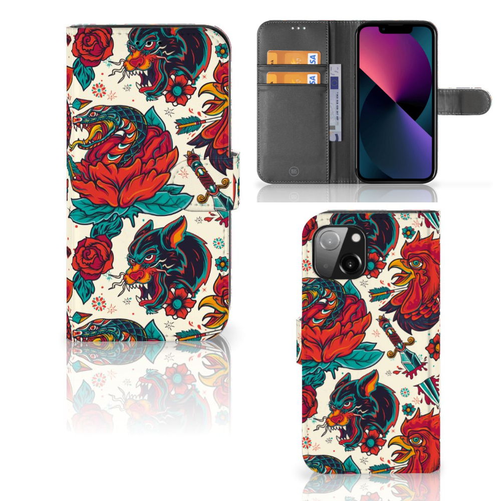 Telefoonhoesje met foto voor Apple iPhone 13 Old Skool met vintage tatoeage ontwerp en vakjes voor pasjes.