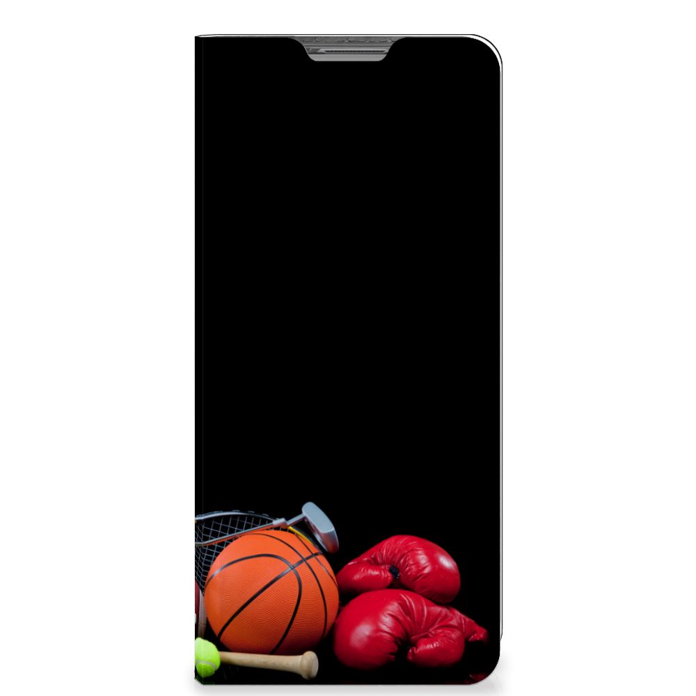 OPPO Find X5 Hippe Standcase Sports with various sport equipment like basketball, tennis racket, and boxing gloves.