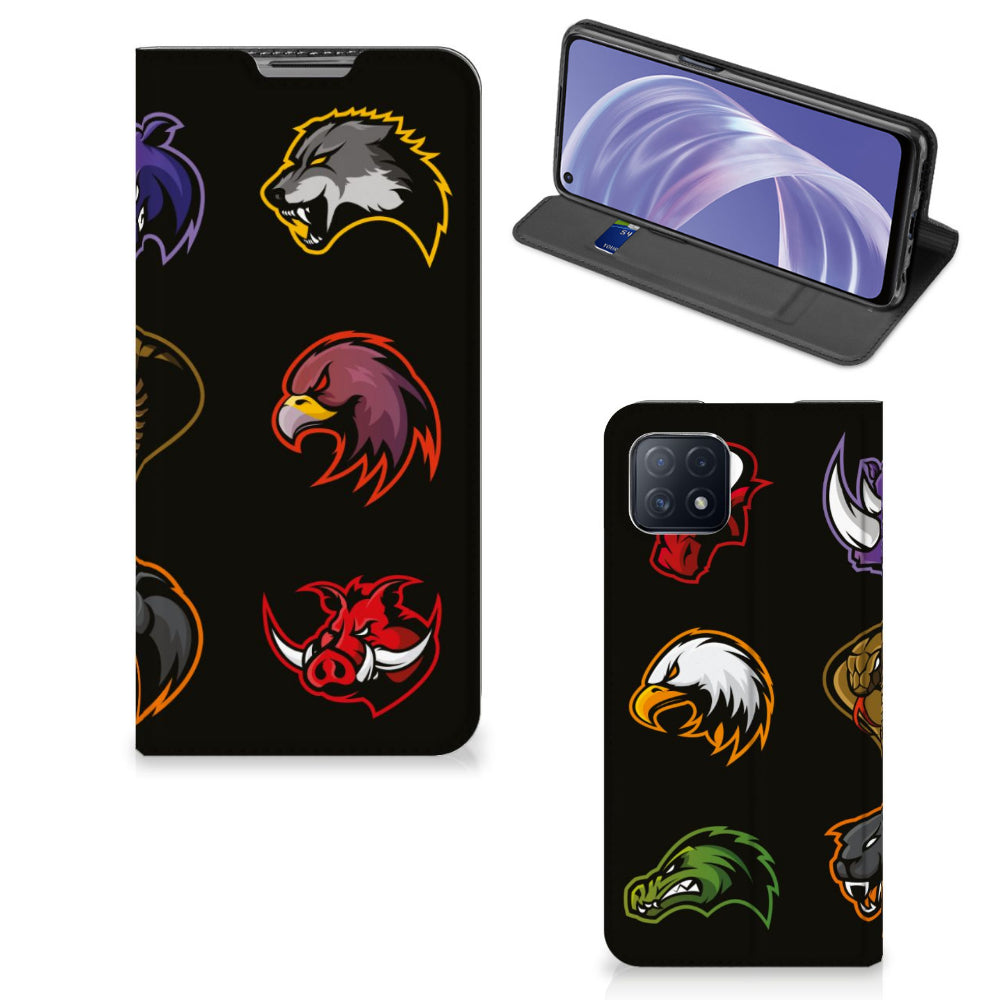 OPPO A73 5G Magnet Case Cartoon with colorful animal designs on a sleek black background.