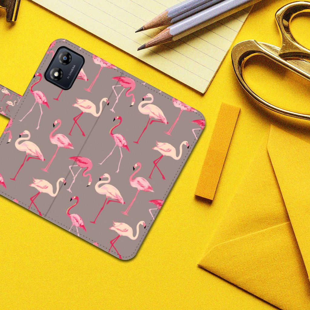 Motorola Moto E13 4G Telefoonhoesje met Pasjes Flamingo