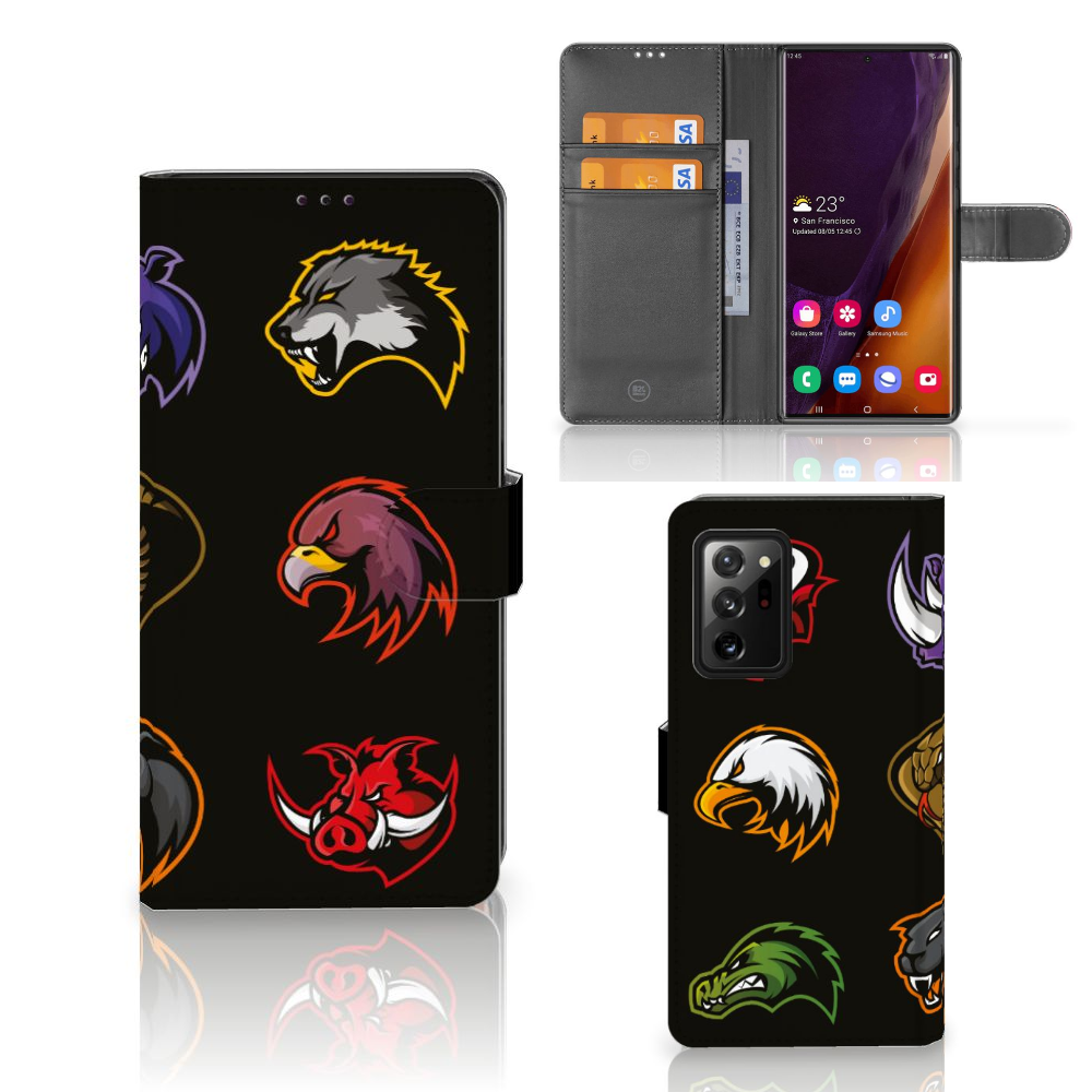 Samsung Galaxy Note20 Ultra Leuk Hoesje Cartoon met kleurrijke dierenlogo's op een zwart achtergrond.