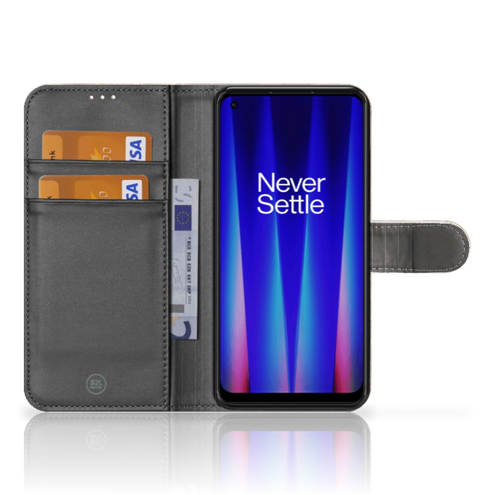 OnePlus Nord CE 2 Bookcase Marmer Creme met pasjes en smartphone binnenkant zichtbaar