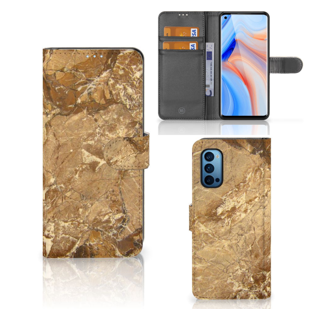 OPPO Reno 4 Pro 5G Bookcase Marmer Creme, luxe boekhoes met kunstleren afwerking en pasjesholder.