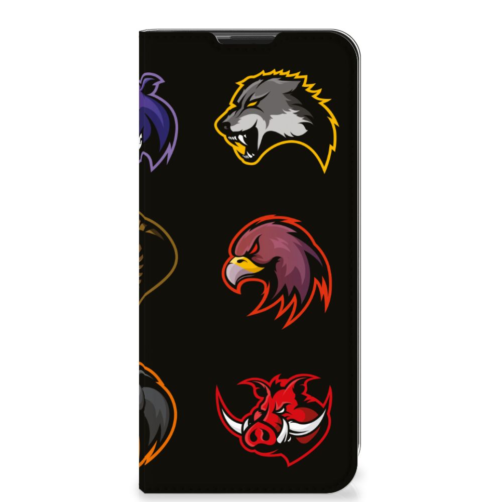 Motorola Moto G9 Play Magnet Case Cartoon met kleurrijke cartoon dierenhoofden op zwarte achtergrond.