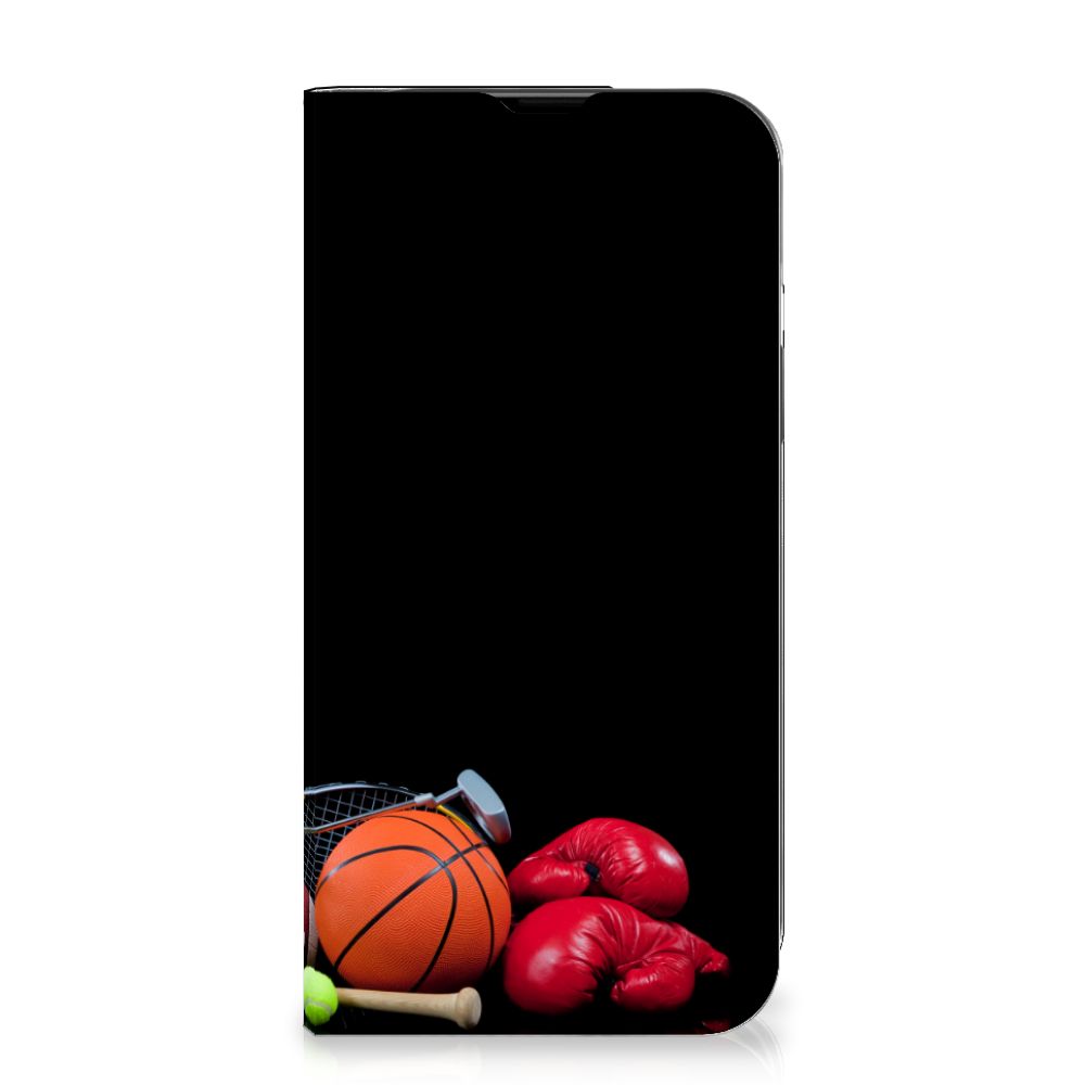 iPhone 14 Hippe Standcase Sports with various sports equipment images including basketball and boxing gloves.