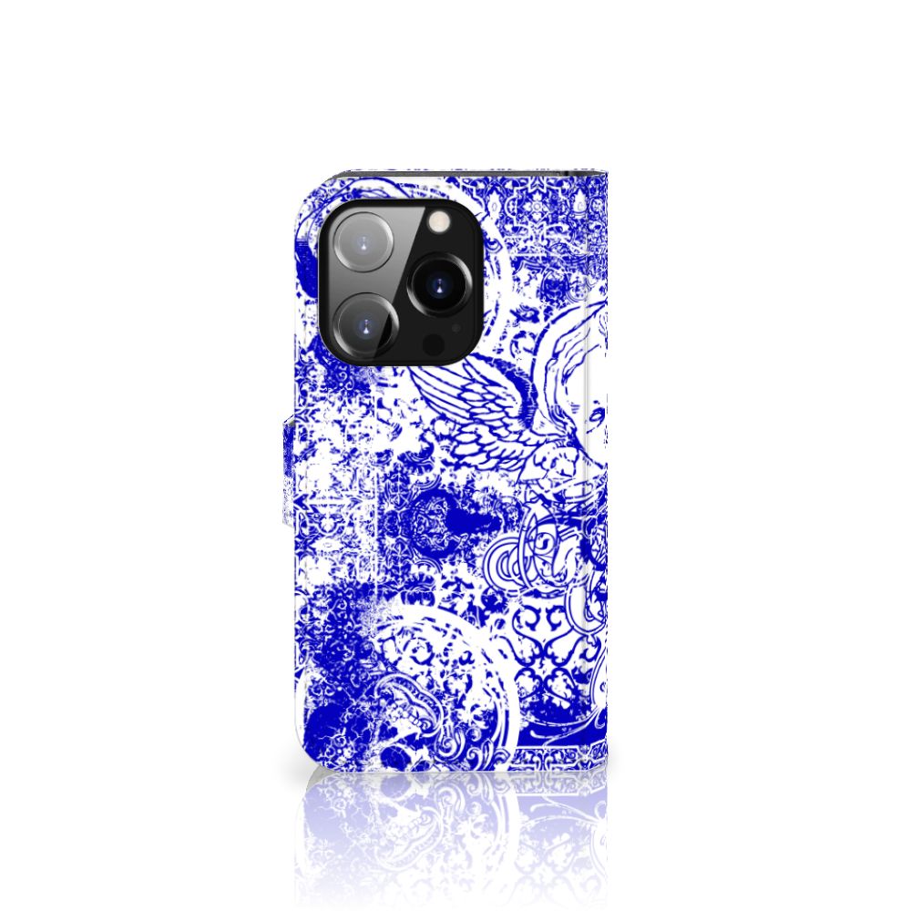 Telefoonhoesje met Naam iPhone 14 Pro Angel Skull Blauw