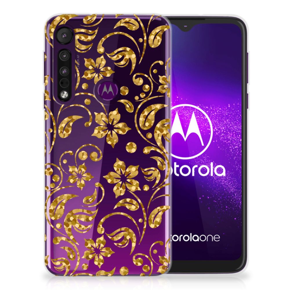 Motorola One Macro TPU Case Gouden Bloemen