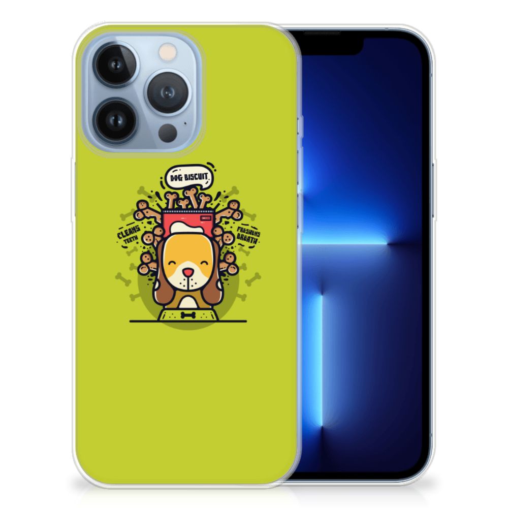Apple iPhone 13 Pro Telefoonhoesje met Naam Doggy Biscuit met schattig hondenontwerp en een levendige groene achtergrond.