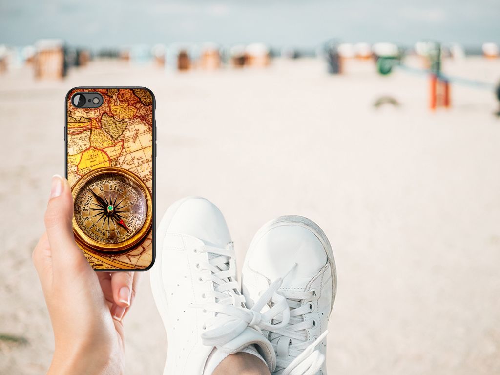 iPhone SE 2022 | SE 2020 | 7/8 TPU Backcover Kompas met een kompas en wereldkaart design op het strand