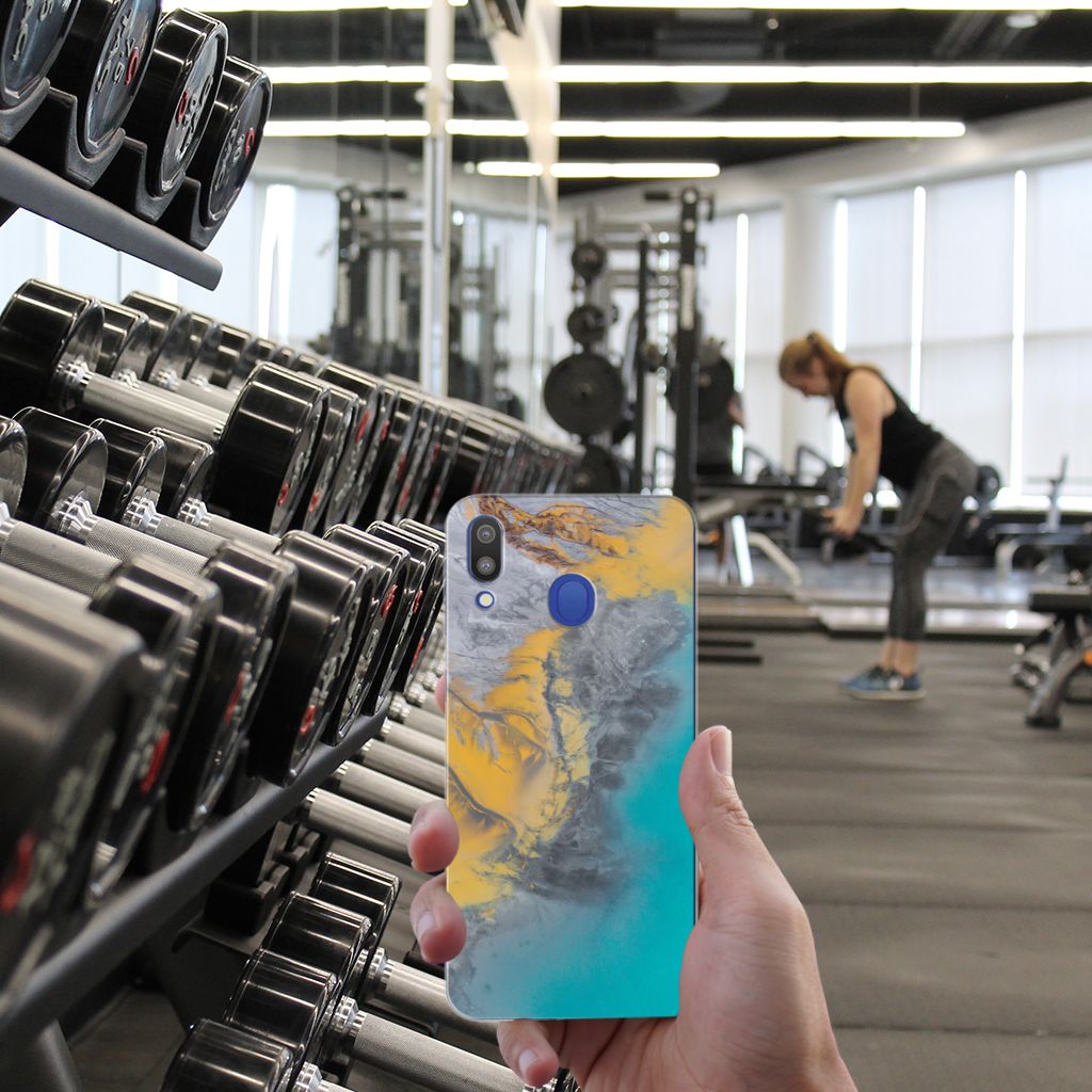 Samsung Galaxy M20 (Power) TPU Siliconen Hoesje Marble Blue Gold
