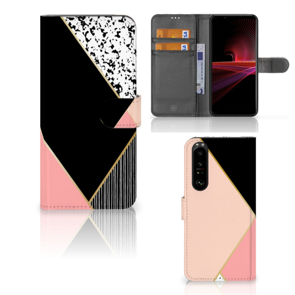 Sony Xperia 1 III Book Case Zwart Roze Vormen