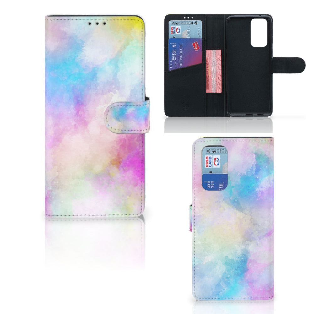 Hoesje OnePlus 9 Pro Watercolor Light met pasjeshouder in pastelkleuren, uniek en kleurrijk ontwerp.