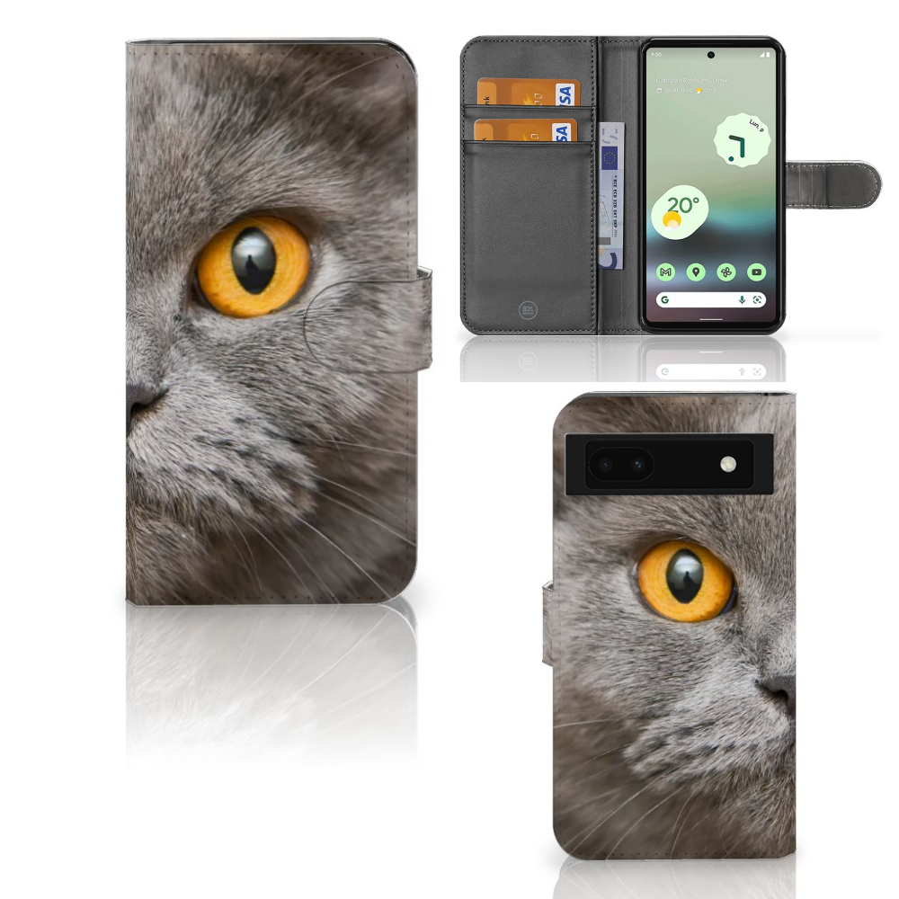 Telefoonhoesje met Pasjes Google Pixel 6A Britse Korthaar met grijs kattengezicht en gele ogen