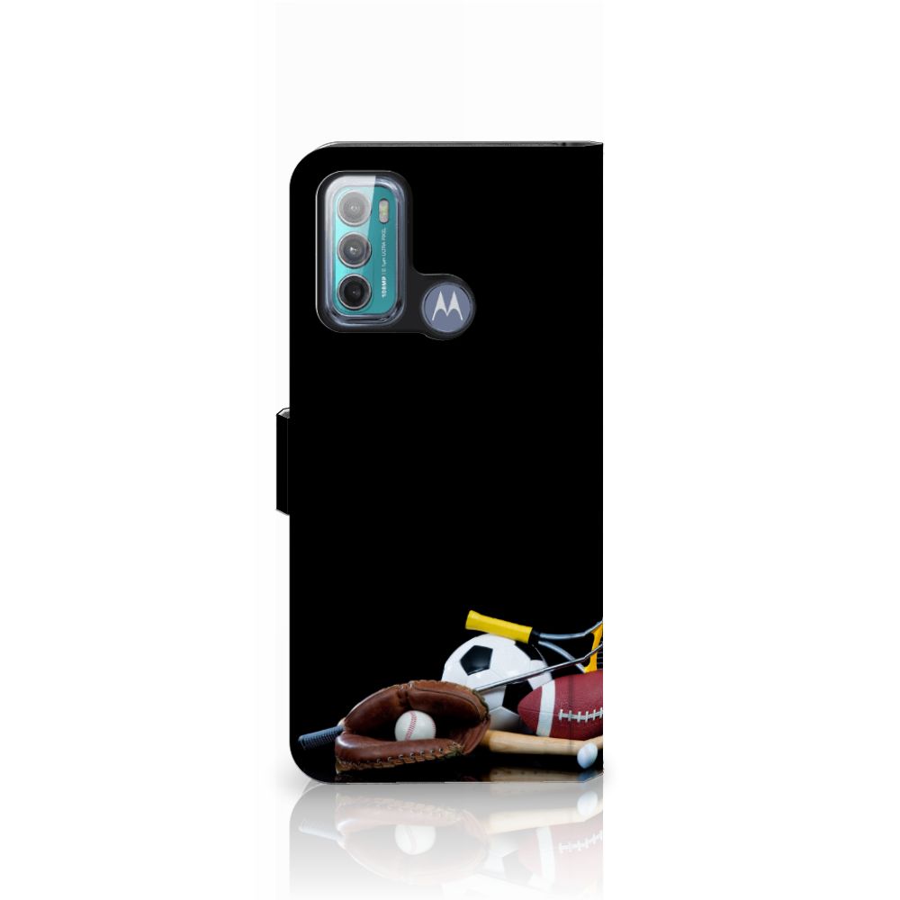 Motorola Moto G60 Wallet Case met Pasjes Sports met sportafbeeldingen zoals voetbal en tennis.
